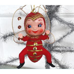 Vintage Pixie Bug Butterfly Anthropomorphic Flocked Red Christmas Ornament Japan